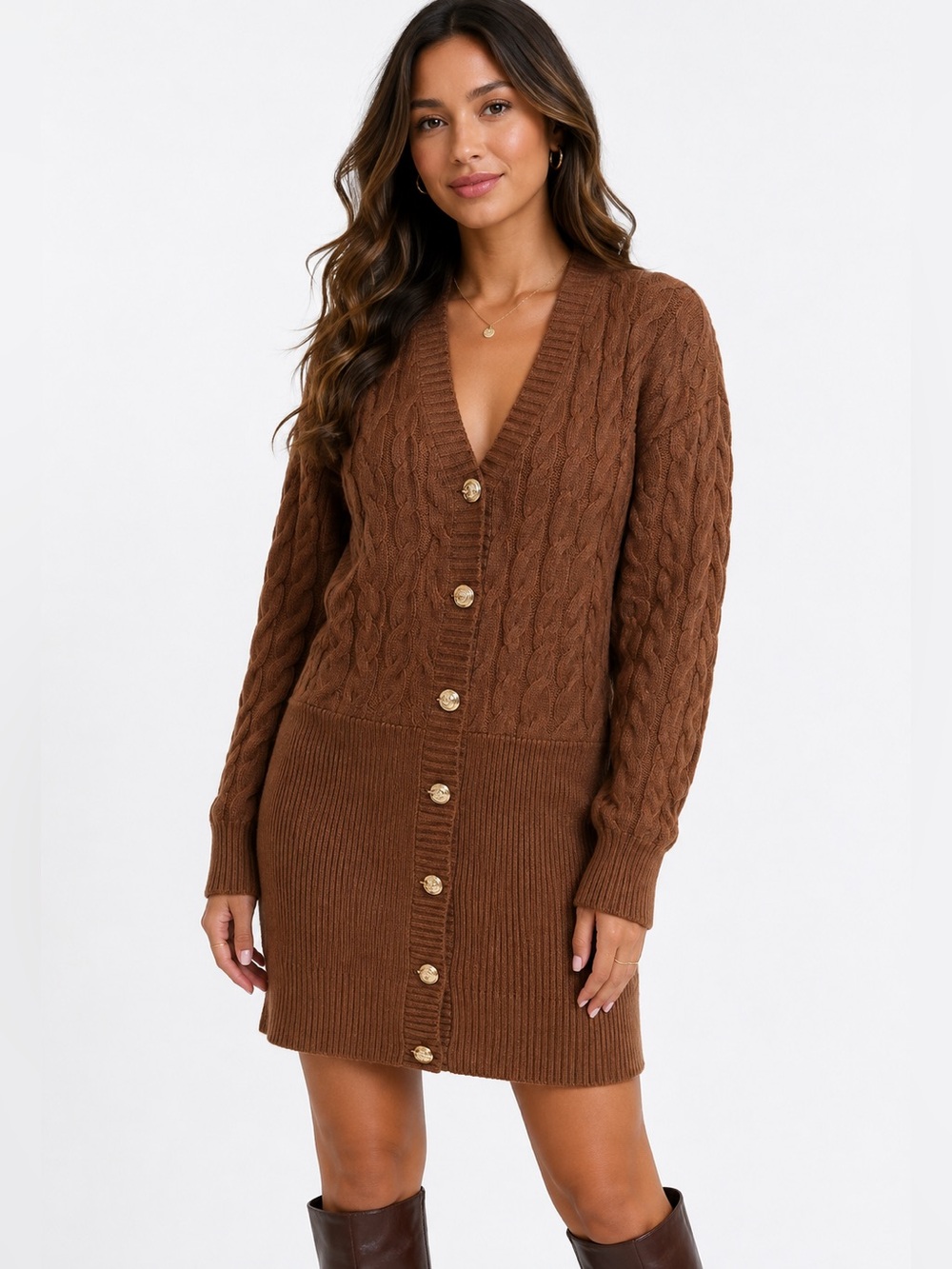 NWOT-Brown Cable-Knit Button-Front Sweater Dress - Women's
